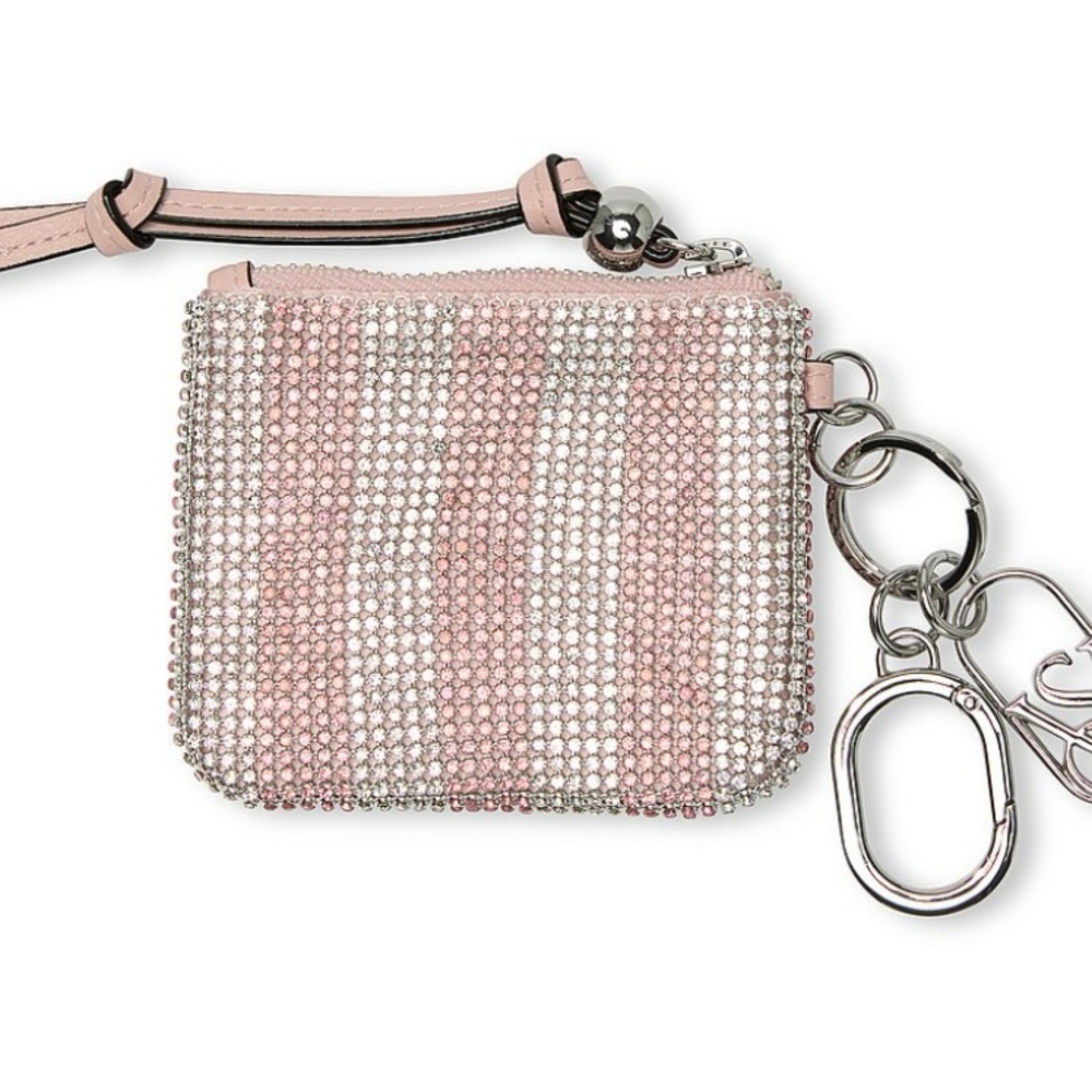 Victoria's Secret Shine Pouch Bag Charm Keychain Pink and Silver Crystals NWT